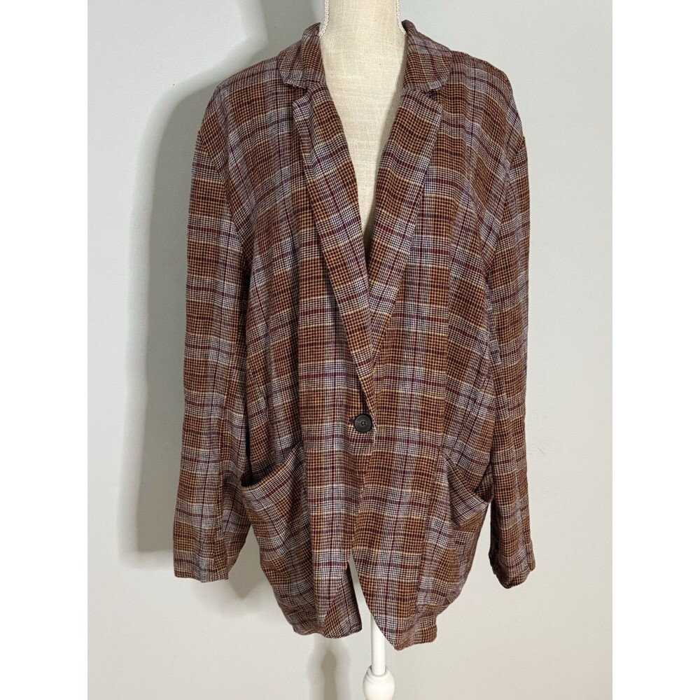 Free People Simply Plaid Blazer Size M Linen Blend Preppy Academia